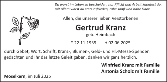 Traueranzeige von Gertrud Kranz von WochenSpiegel