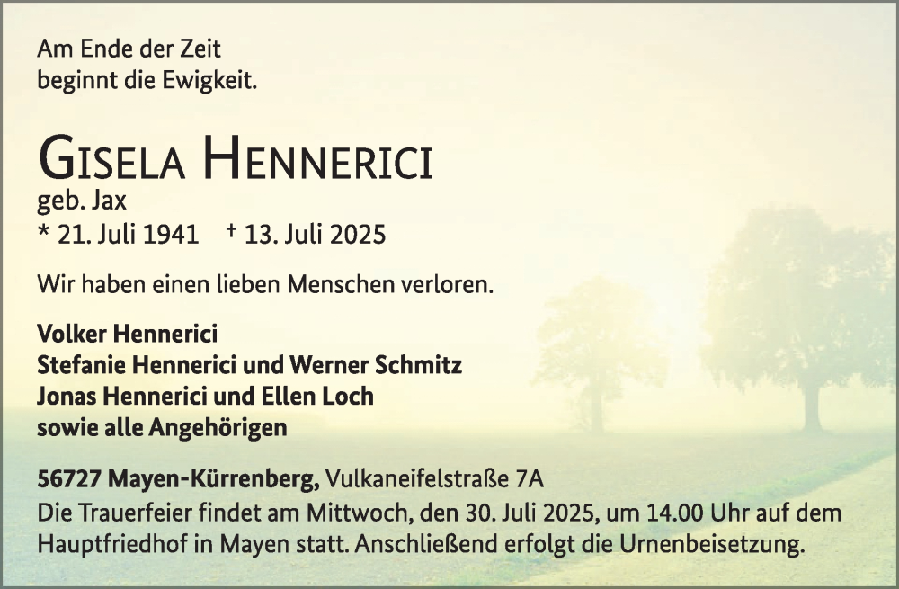  Traueranzeige für Gisela Hennerici vom 30.07.2025 aus WochenSpiegel