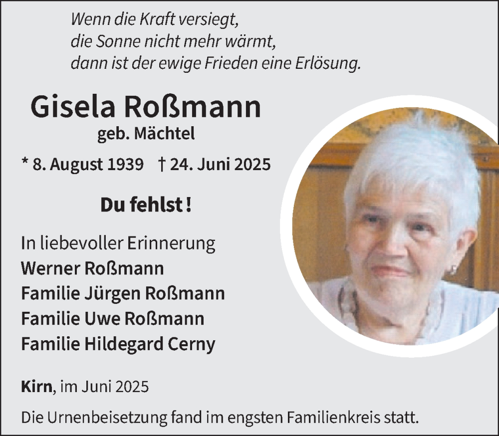  Traueranzeige für Gisela Roßmann vom 05.07.2025 aus WochenSpiegel