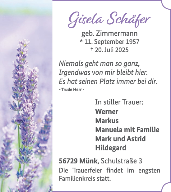 Traueranzeige von Gisela Schäfer von WochenSpiegel