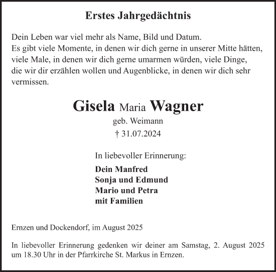 Traueranzeige von Gisela Maria Wagner von WochenSpiegel
