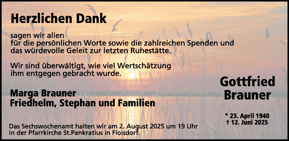  Traueranzeige für Gottfried Brauner vom 16.07.2025 aus WochenSpiegel