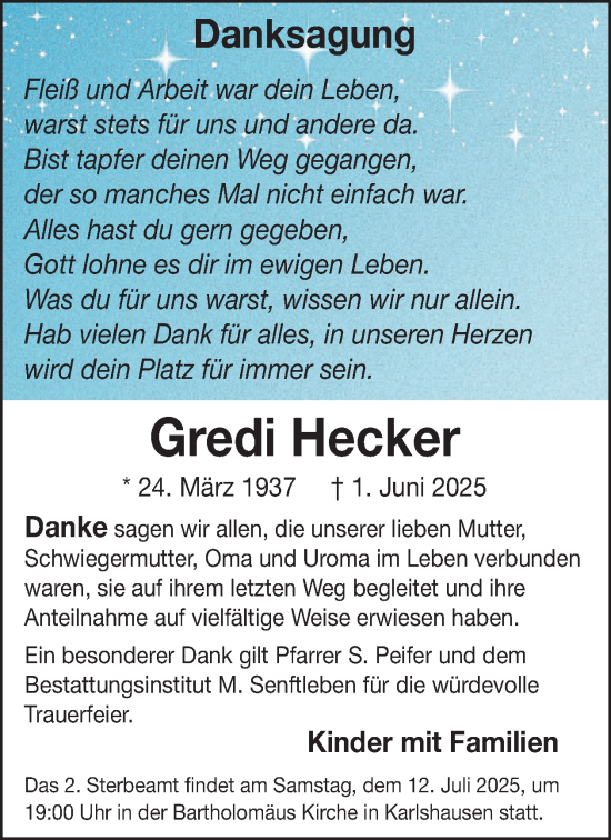 Traueranzeige von Gredi Hecker von WochenSpiegel