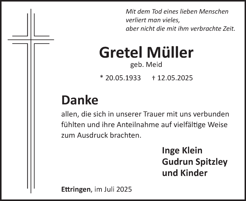  Traueranzeige für Gretel Müller vom 02.07.2025 aus WochenSpiegel