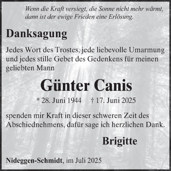Traueranzeige von Günter Canis von WochenSpiegel