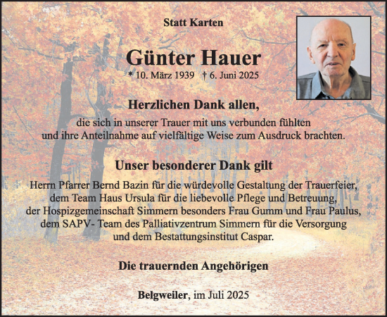 Traueranzeige von Günter Hauer von WochenSpiegel