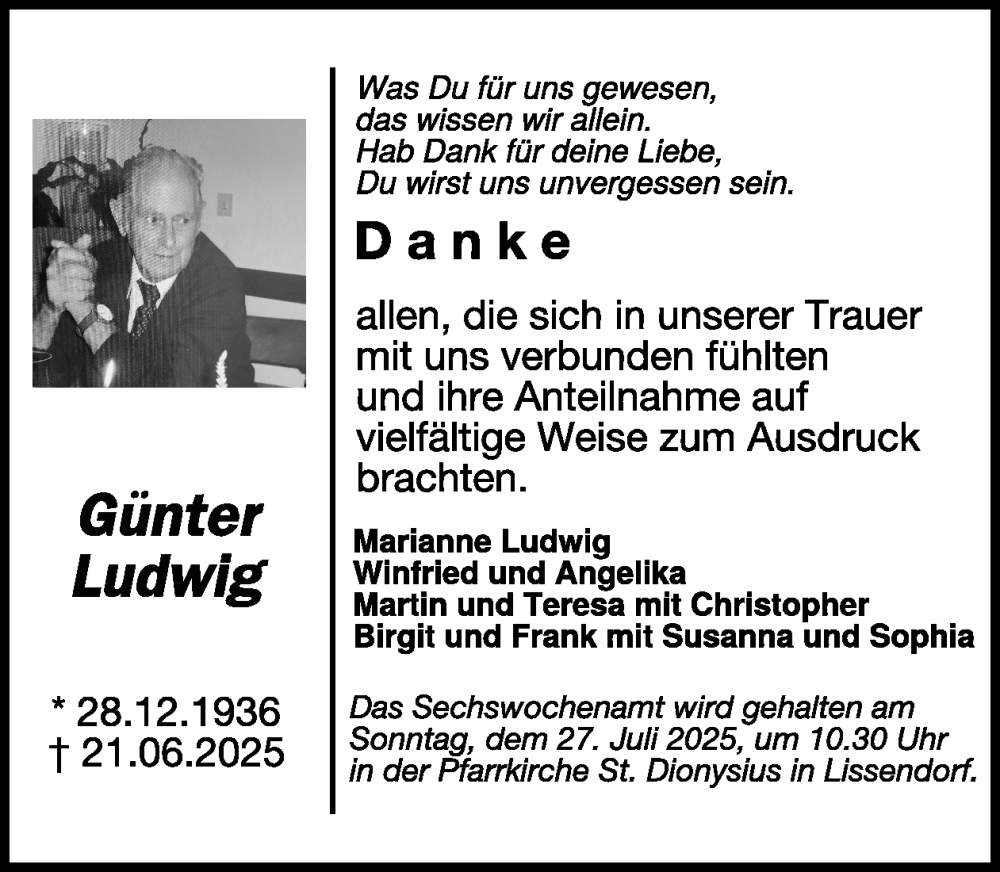  Traueranzeige für Günter Ludwig vom 19.07.2025 aus WochenSpiegel