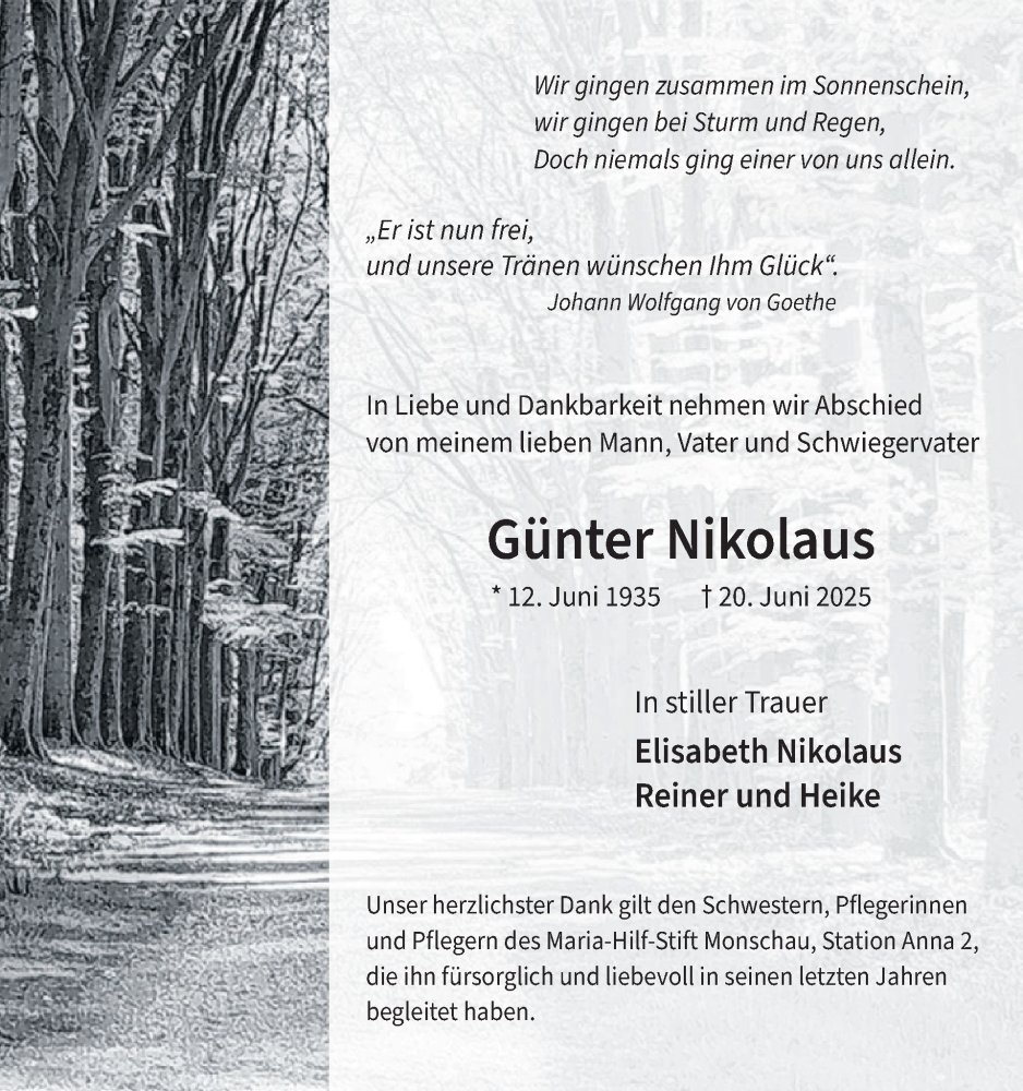  Traueranzeige für Günter Nikolaus vom 09.07.2025 aus WochenSpiegel