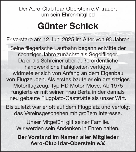 Traueranzeige von Günter Schick von WochenSpiegel