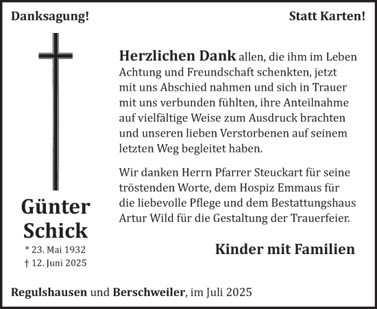 Traueranzeige von Günter Schick von WochenSpiegel