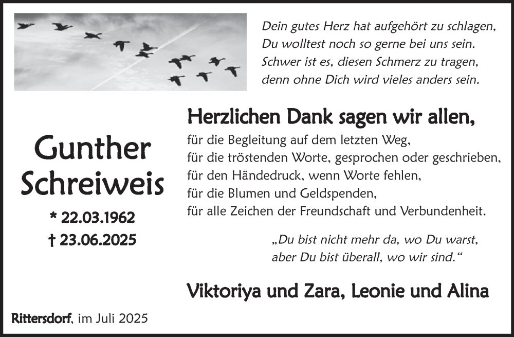  Traueranzeige für Gunther Schreiweis vom 18.07.2025 aus WochenSpiegel