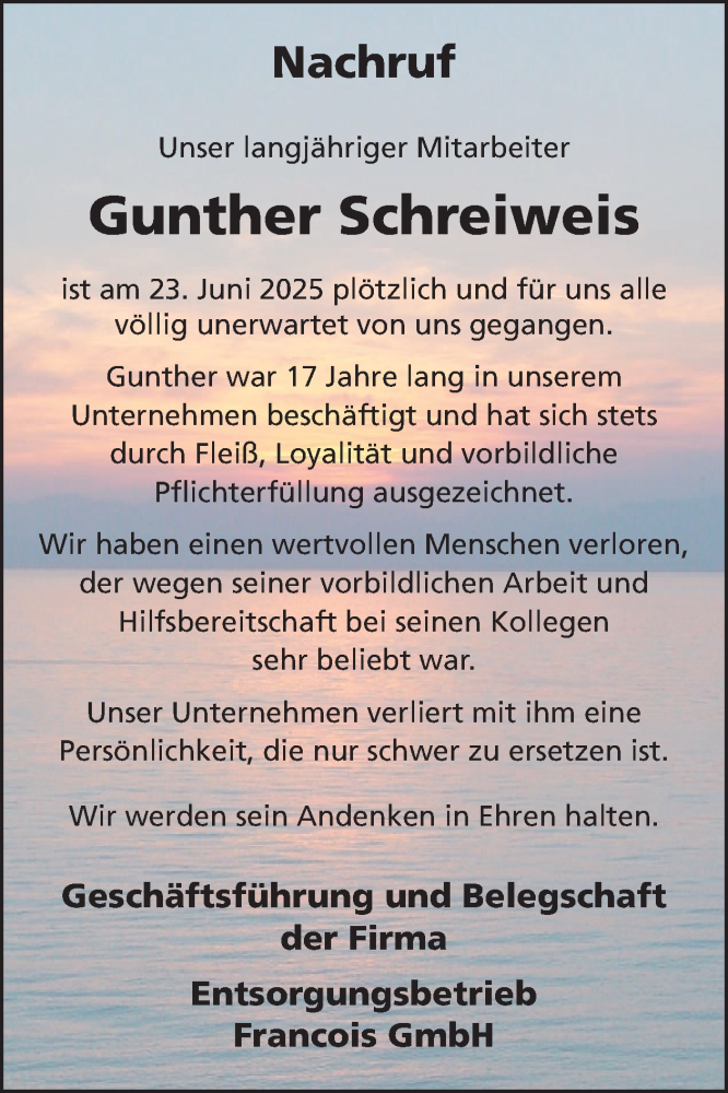  Traueranzeige für Gunther Schreiweis vom 11.07.2025 aus WochenSpiegel