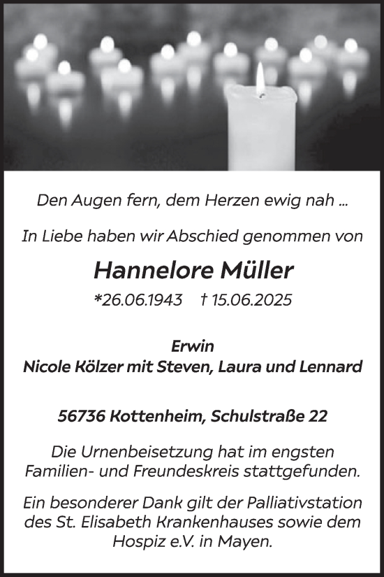 Traueranzeige von Hannelore Müller von WochenSpiegel