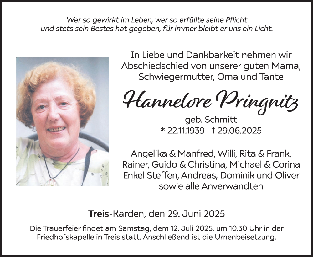 Traueranzeige für Hannelore Pringnitz vom 09.07.2025 aus WochenSpiegel
