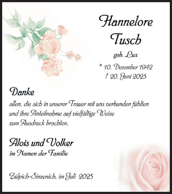Traueranzeige von Hannelore Tusch von WochenSpiegel