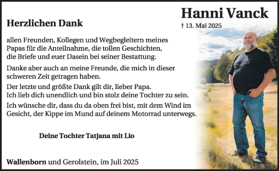 Traueranzeige von Hanni Vanck von WochenSpiegel
