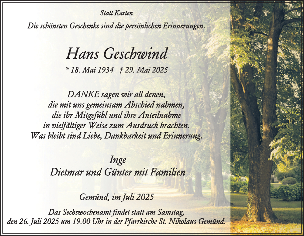  Traueranzeige für Hans Geschwind vom 23.07.2025 aus WochenSpiegel