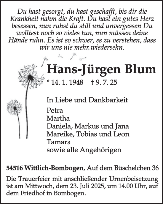 Traueranzeige von Hans-Jürgen Blum von WochenSpiegel
