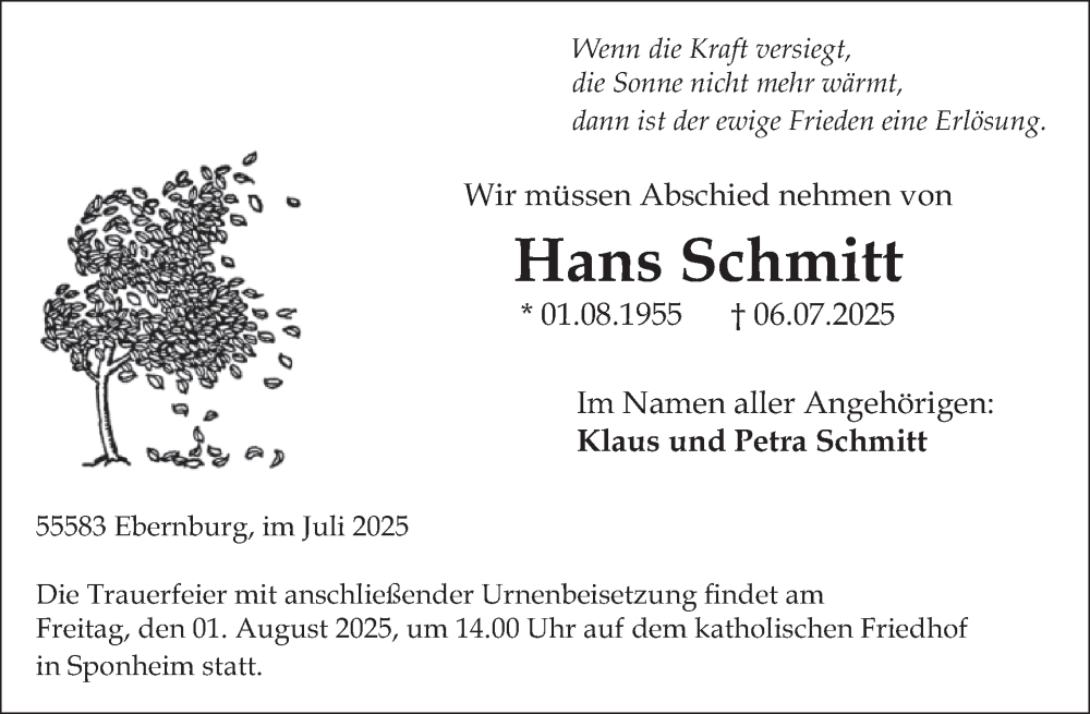  Traueranzeige für Hans Schmitt vom 19.07.2025 aus WochenSpiegel