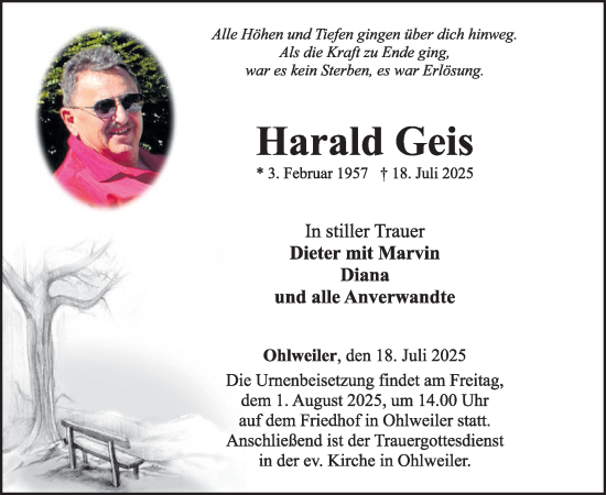 Traueranzeige von Harald Geis von WochenSpiegel