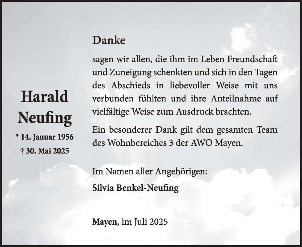  Traueranzeige für Harald Neufing vom 09.07.2025 aus WochenSpiegel