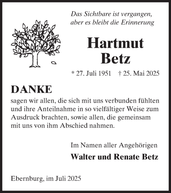 Traueranzeige von Hartmut Betz von WochenSpiegel