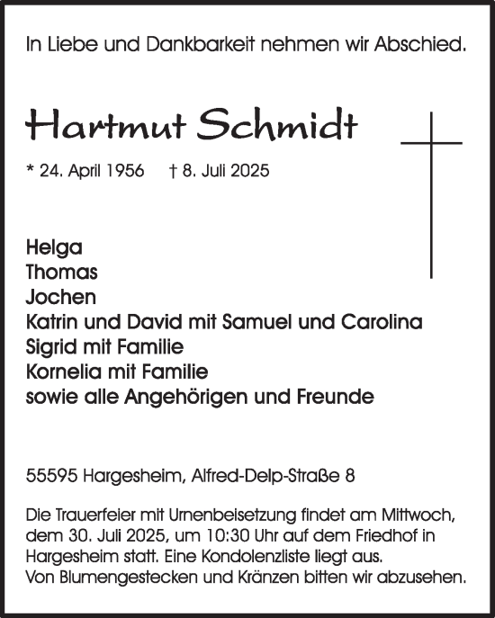 Traueranzeige von Hartmut Schmidt von WochenSpiegel