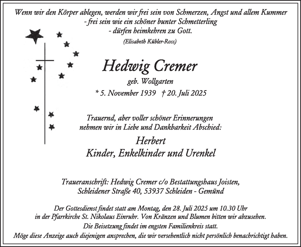  Traueranzeige für Hedwig Cremer vom 23.07.2025 aus WochenSpiegel