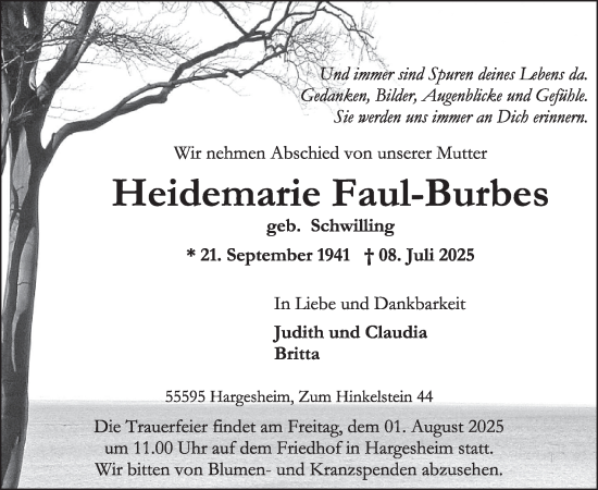 Traueranzeige von Heidemarie Faul-Burbes von WochenSpiegel