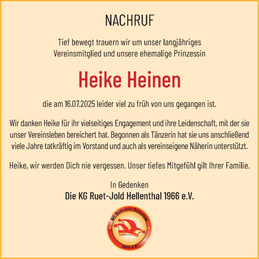  Traueranzeige für Heike Heinen vom 30.07.2025 aus WochenSpiegel