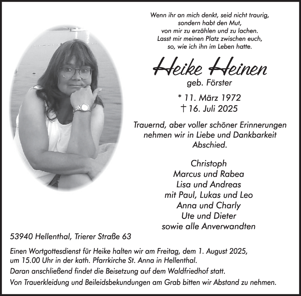  Traueranzeige für Heike Heinen vom 23.07.2025 aus WochenSpiegel