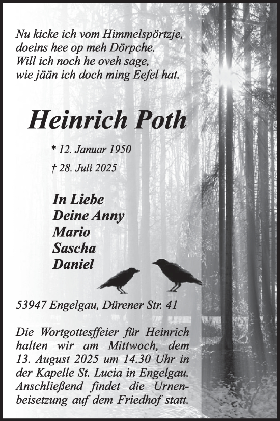 Traueranzeige von Heinrich Poth von WochenSpiegel
