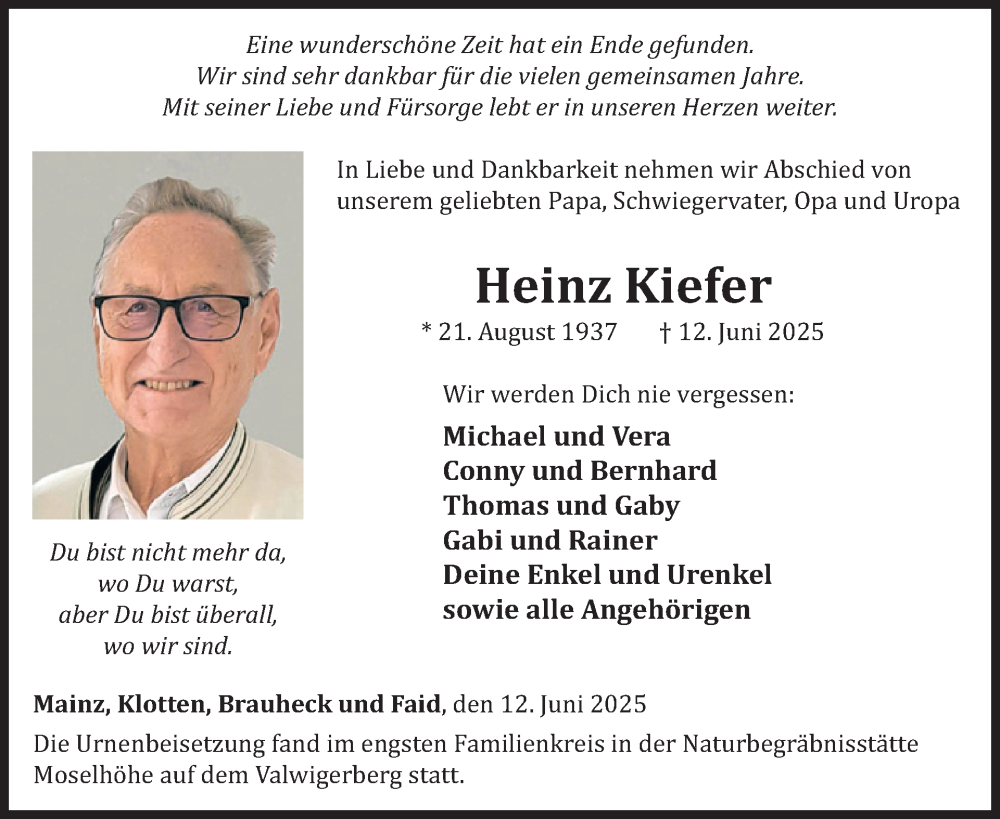  Traueranzeige für Heinz Kiefer vom 02.07.2025 aus WochenSpiegel