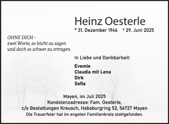 Traueranzeige von Heinz Oesterle von WochenSpiegel