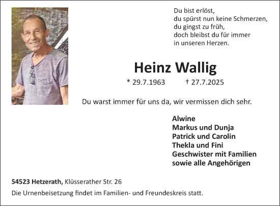 Traueranzeige von Heinz Wallig von WochenSpiegel