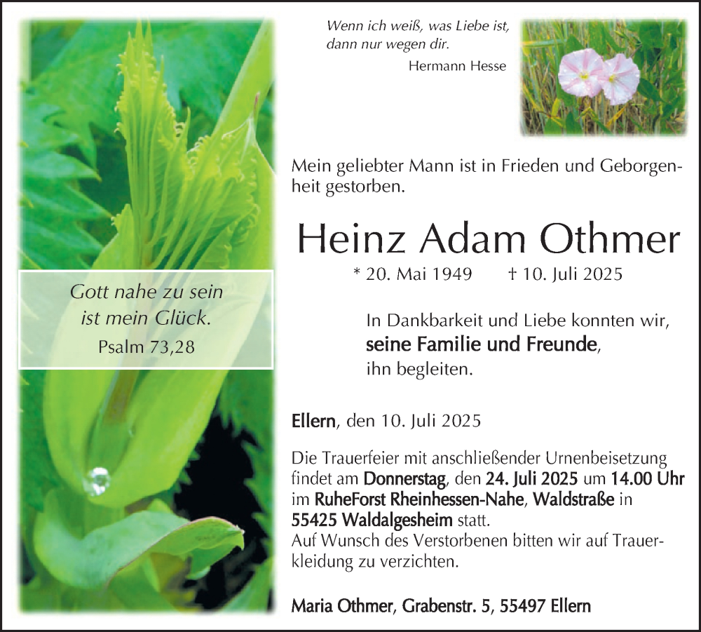  Traueranzeige für Heinz Adam Othmer vom 19.07.2025 aus WochenSpiegel