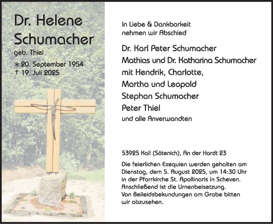 Traueranzeige von Helene Schumacher von WochenSpiegel