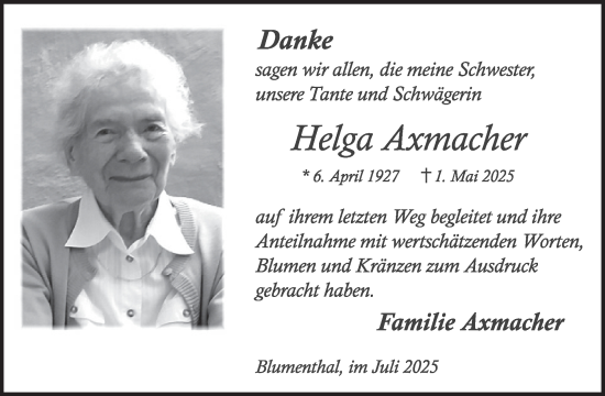 Traueranzeige von Helga Axmacher von WochenSpiegel