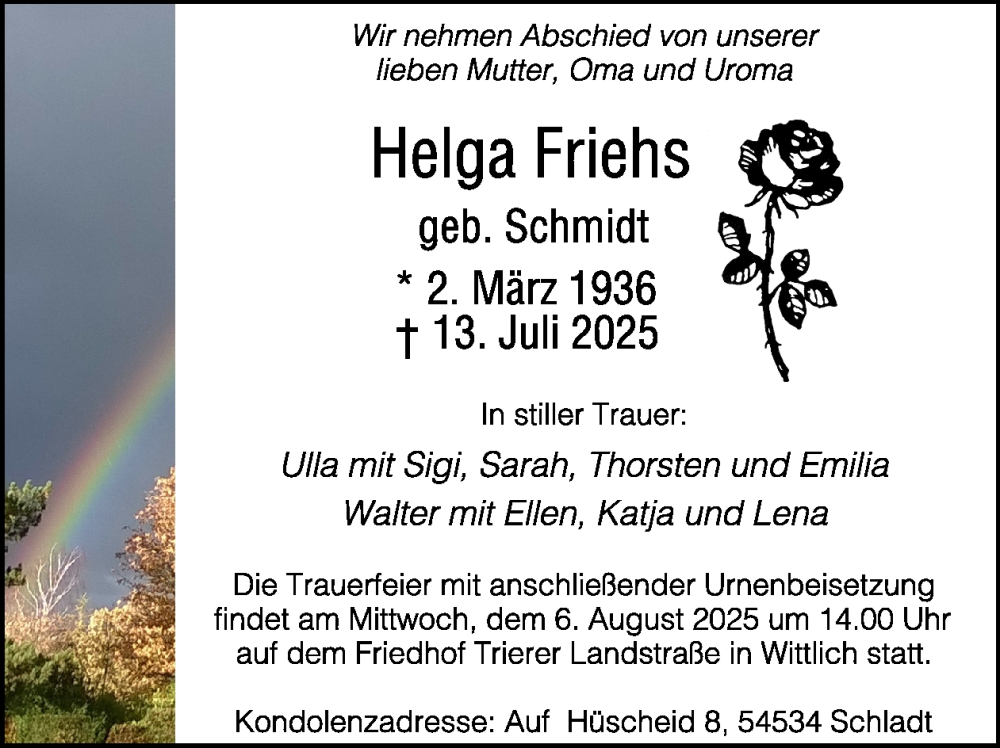  Traueranzeige für Helga Friehs vom 25.07.2025 aus WochenSpiegel