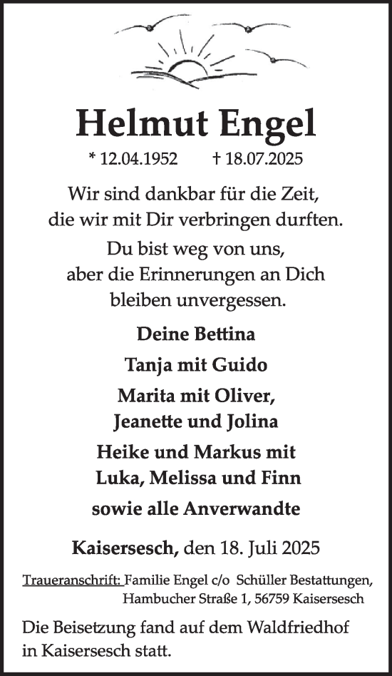 Traueranzeige von Helmut Engel von WochenSpiegel