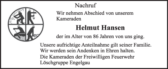 Traueranzeige von Helmut Hansen von WochenSpiegel