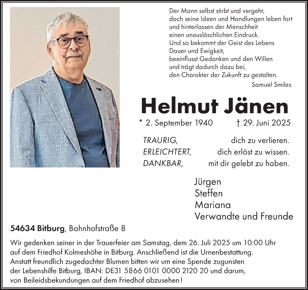  Traueranzeige für Helmut Jänen vom 11.07.2025 aus WochenSpiegel