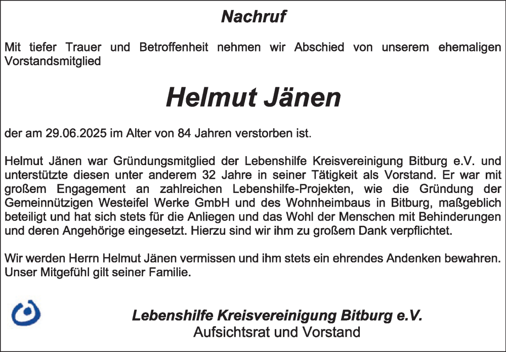  Traueranzeige für Helmut Jänen vom 25.07.2025 aus WochenSpiegel