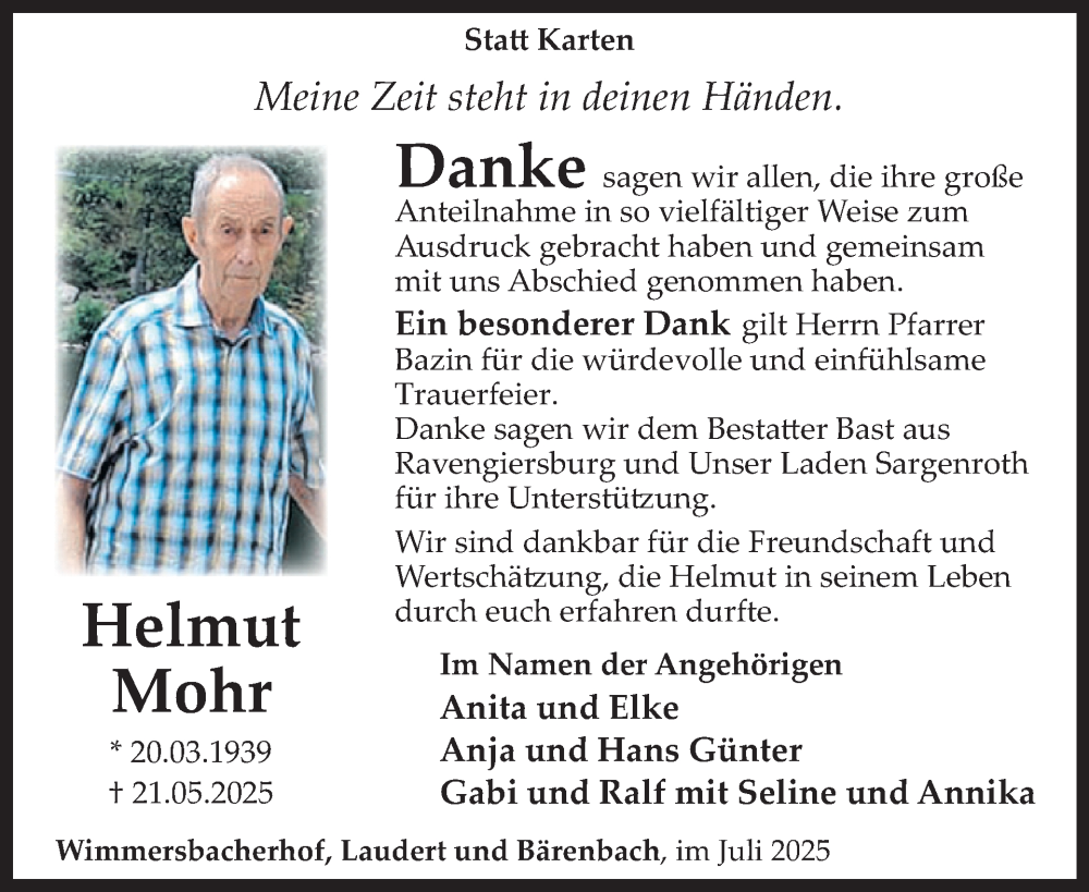  Traueranzeige für Helmut Mohr vom 05.07.2025 aus WochenSpiegel