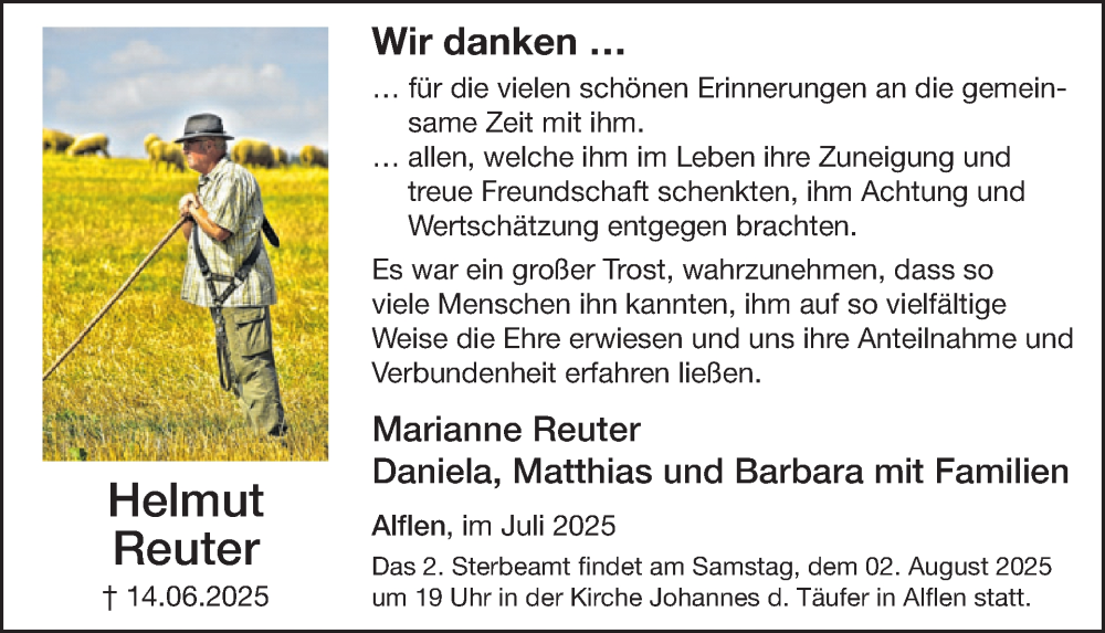  Traueranzeige für Helmut Reuter vom 30.07.2025 aus WochenSpiegel
