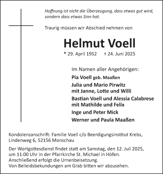 Traueranzeige von Helmut Voell von WochenSpiegel