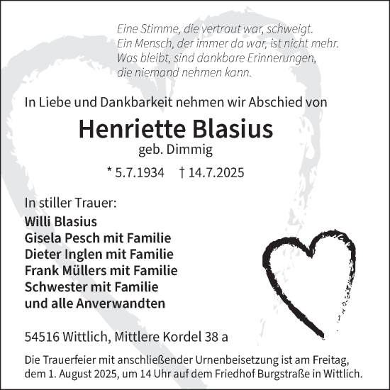 Traueranzeige von Henriette Blasius von WochenSpiegel