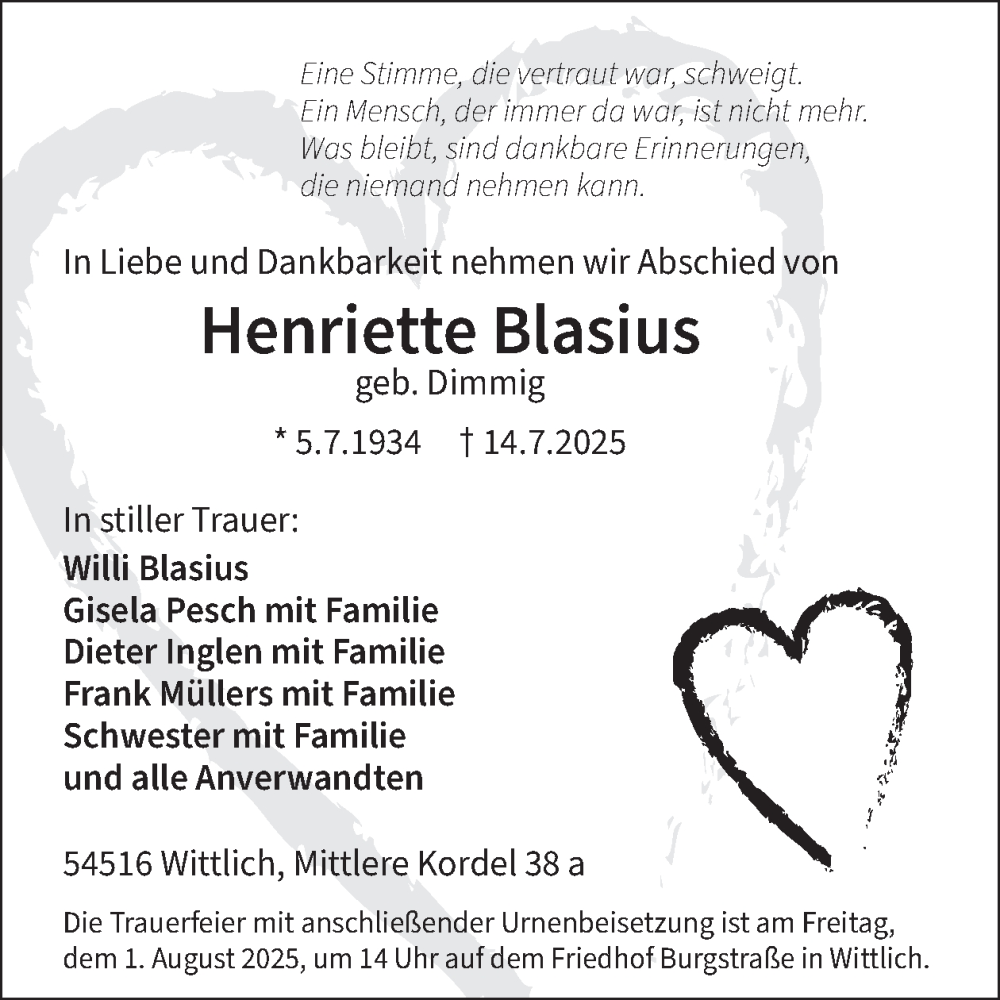  Traueranzeige für Henriette Blasius vom 25.07.2025 aus WochenSpiegel