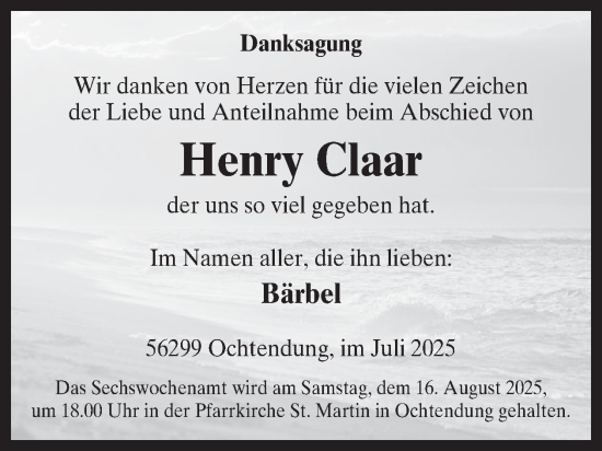 Traueranzeige von Henry Claar von WochenSpiegel