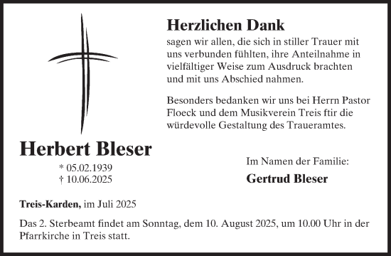 Traueranzeige von Herbert Bleser von WochenSpiegel
